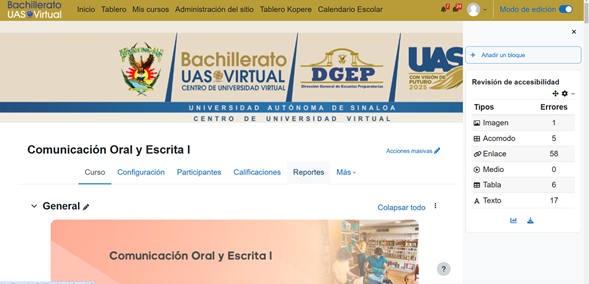 Reporte del kit de accesibilidad. Fuente: Plataforma del Bachillerato Virtual de la UAS.